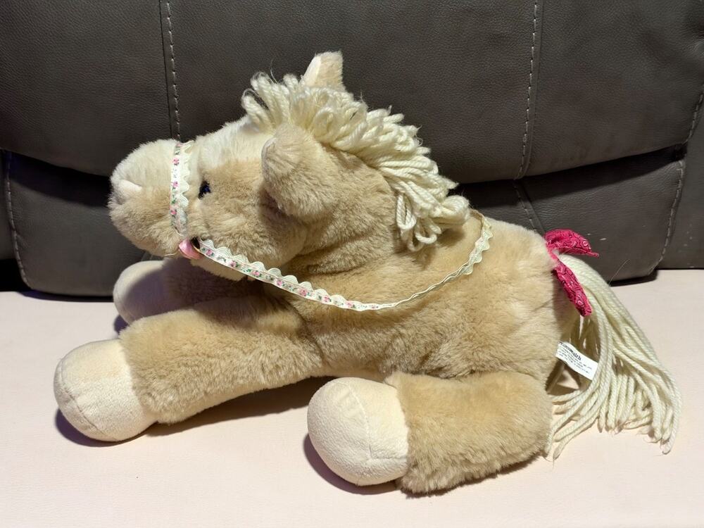 Vintage Commonwealth Tan Horse Pony Plush Stuffed Animal Yarn Mane Tail Ribbon